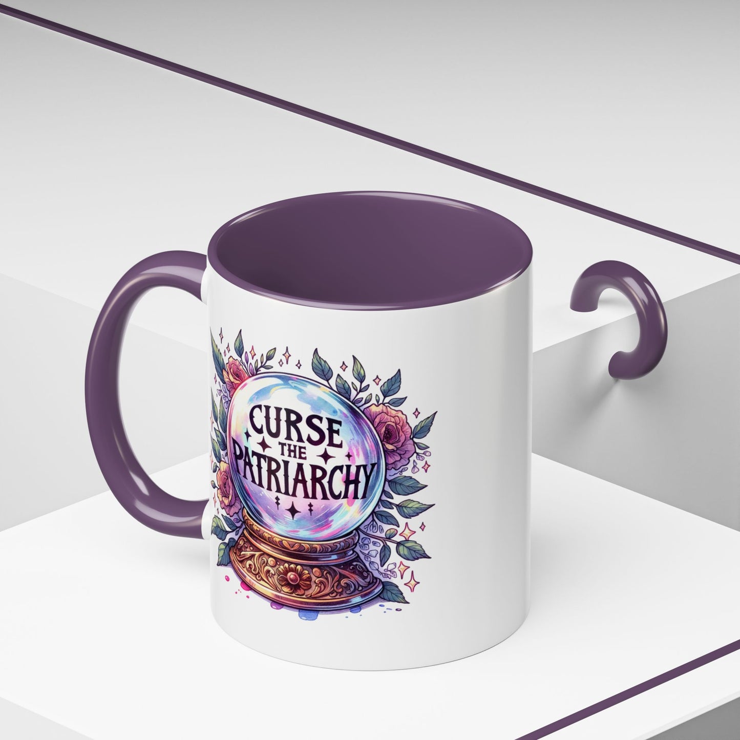 Curse the Patriarchy Floral Crystal Ball Accent Coffee Mug by Spinsterly Co in Purple glossy ceramic finish