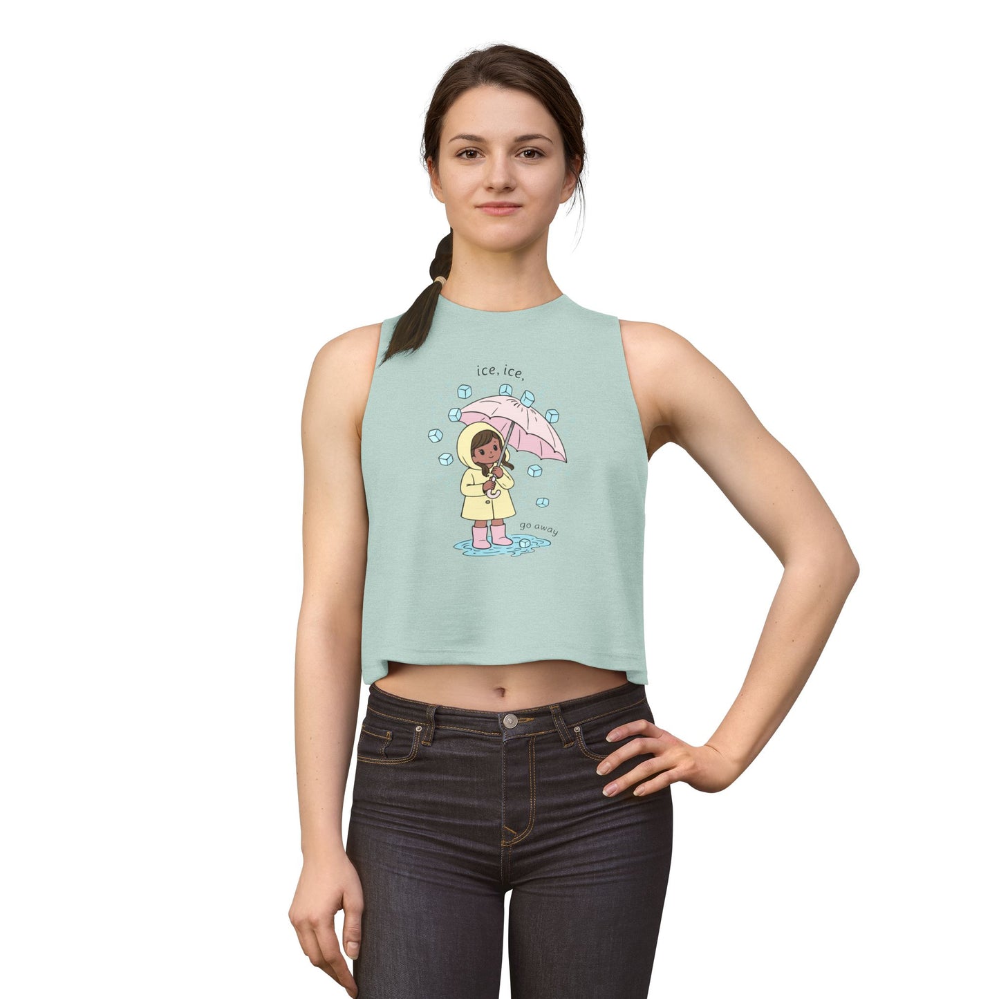 Ice, Ice, Go Away Crop Top by Spinsterly Co women's graphic crop top Heather Dusty Blue with illustrated girl