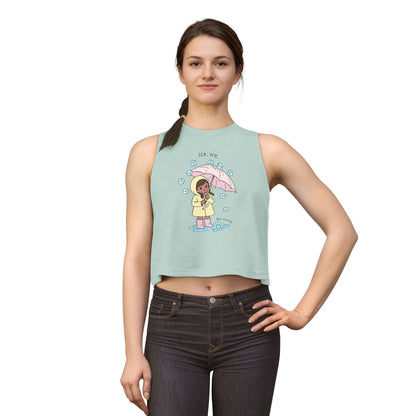 Ice, Ice, Go Away Crop Top by Spinsterly Co women's graphic crop top Heather Dusty Blue with illustrated girl