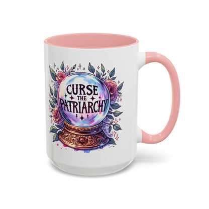 Curse the Patriarchy Floral Crystal Ball Accent Coffee Mug by Spinsterly Co in Pink glossy ceramic finish