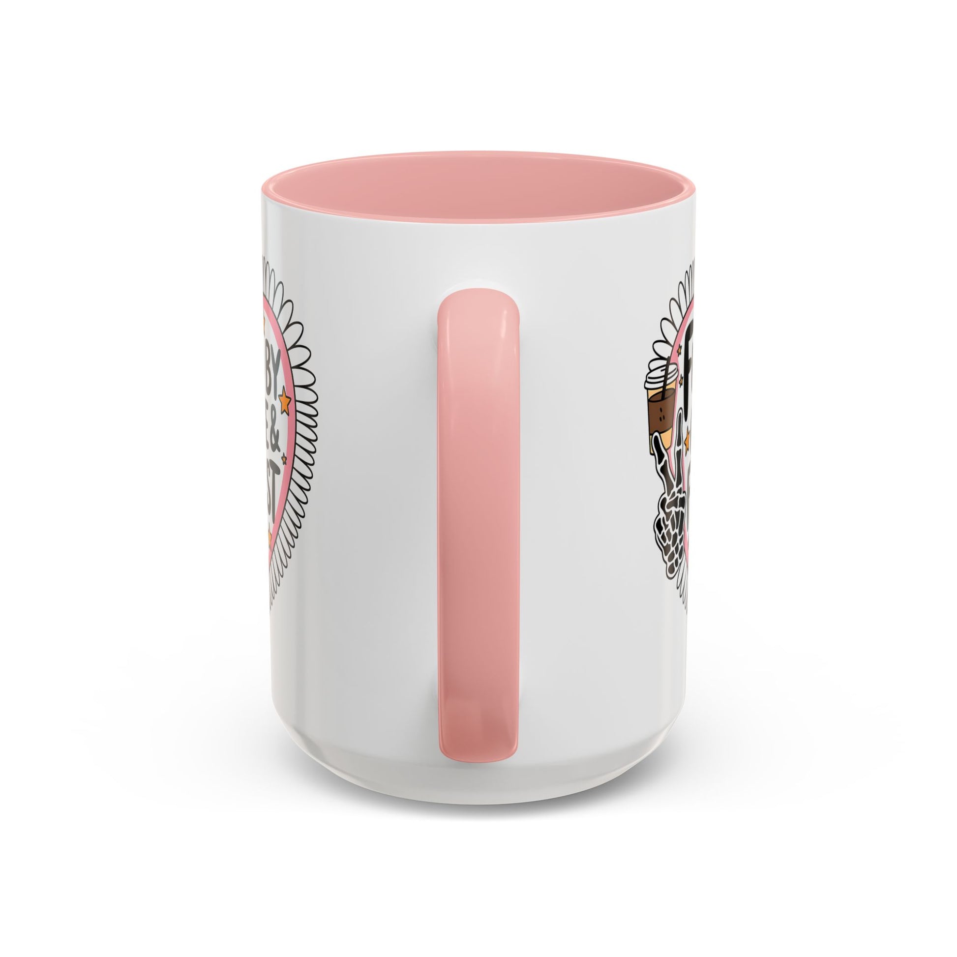 Fueled by Coffee Feminist Rage Accent Coffee Mug by Spinsterly Co in Pink glossy ceramic with daisy-edged heart badge
