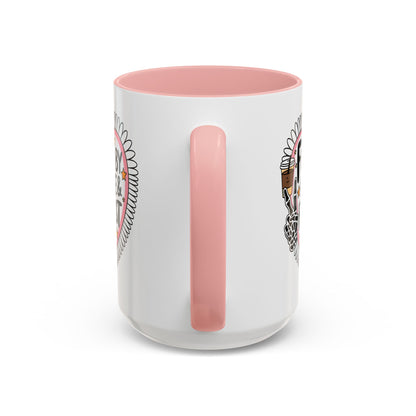 Fueled by Coffee Feminist Rage Accent Coffee Mug by Spinsterly Co in Pink glossy ceramic with daisy-edged heart badge