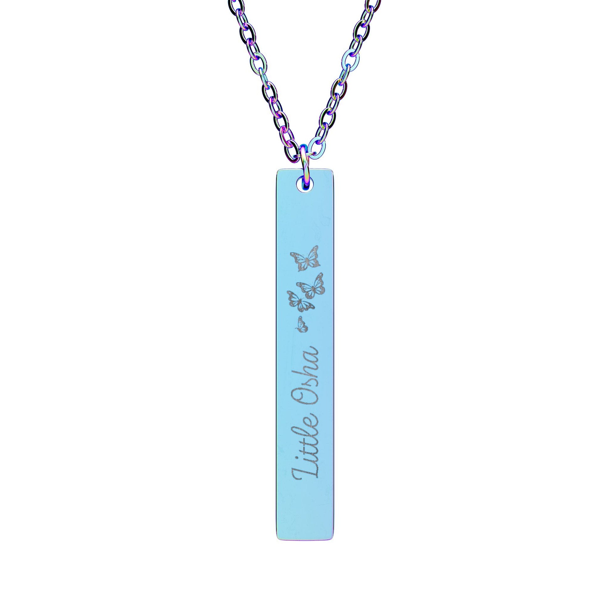 Little Osha Butterfly Engraved Vertical Bar Necklace by Spinsterly Co in Rainbow PVD coating, with three butterflies