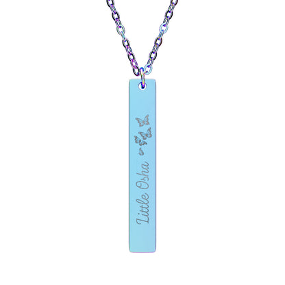 Little Osha Butterfly Engraved Vertical Bar Necklace by Spinsterly Co in Rainbow PVD coating, with three butterflies