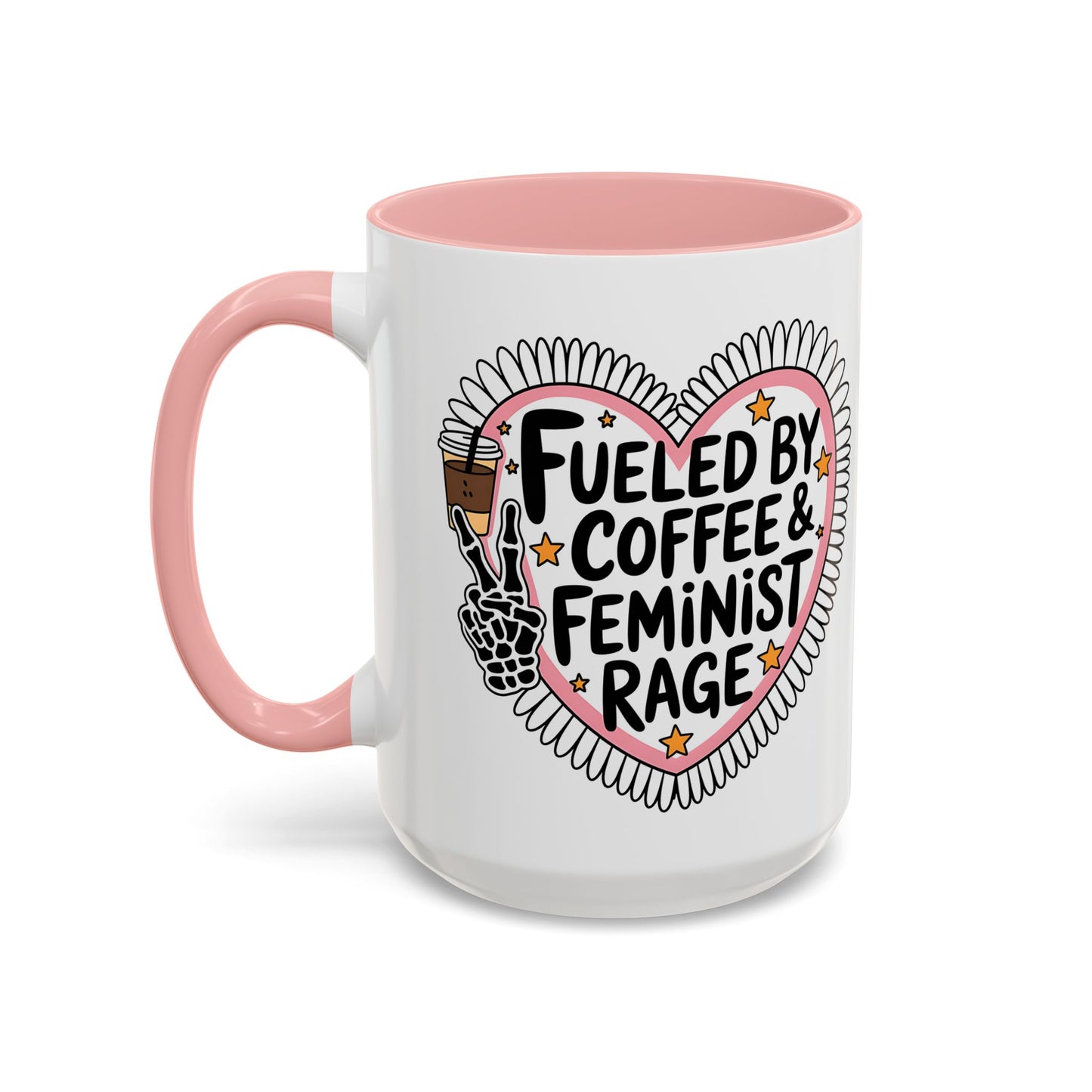 Fueled by Coffee Feminist Rage Accent Coffee Mug by Spinsterly Co in Pink glossy ceramic with heart badge