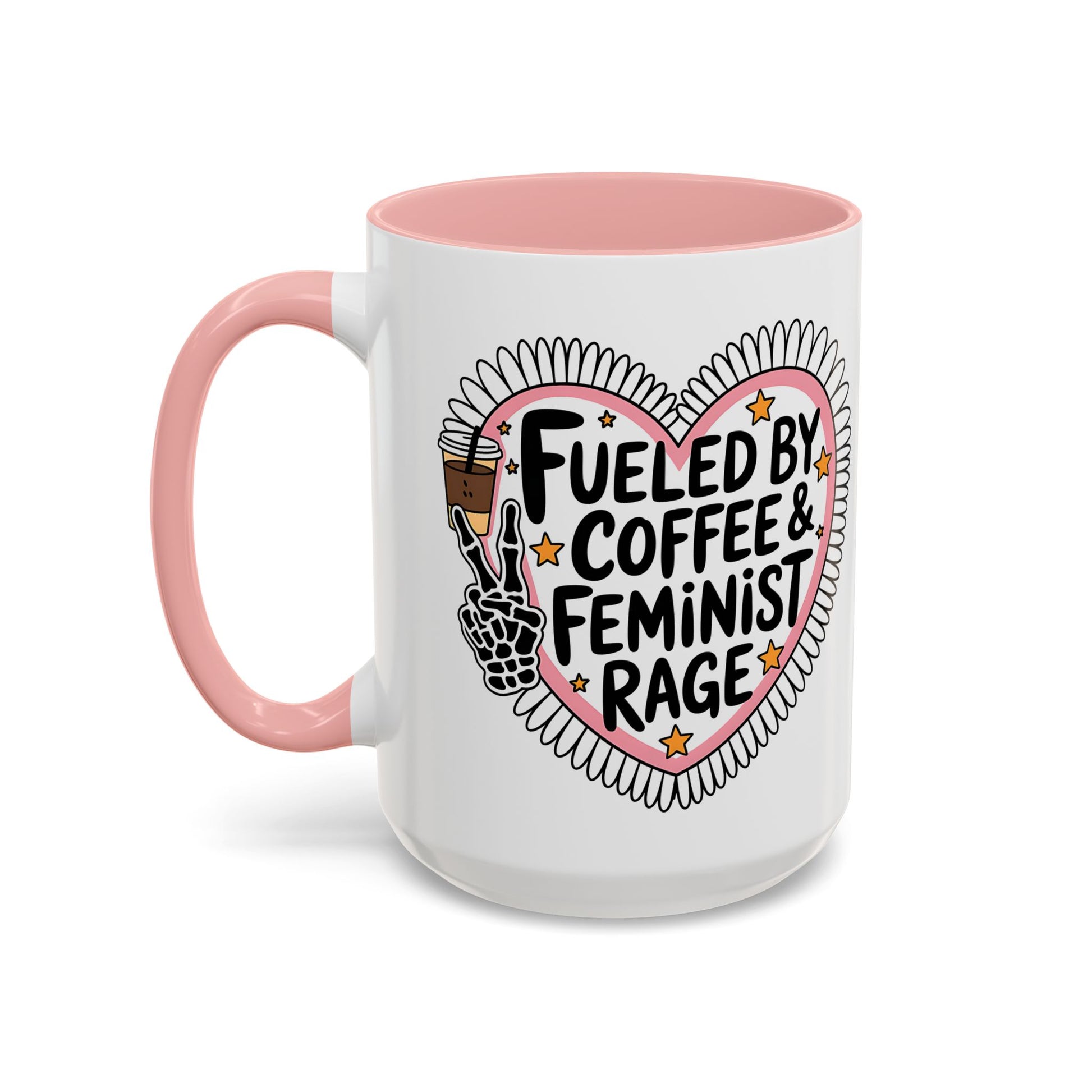 Fueled by Coffee Feminist Rage Accent Coffee Mug by Spinsterly Co in Pink glossy ceramic with heart badge