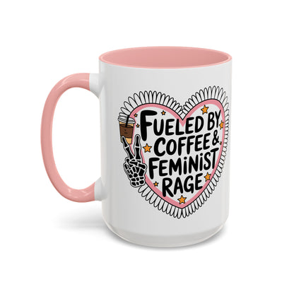 Fueled by Coffee Feminist Rage Accent Coffee Mug by Spinsterly Co in Pink glossy ceramic with heart badge