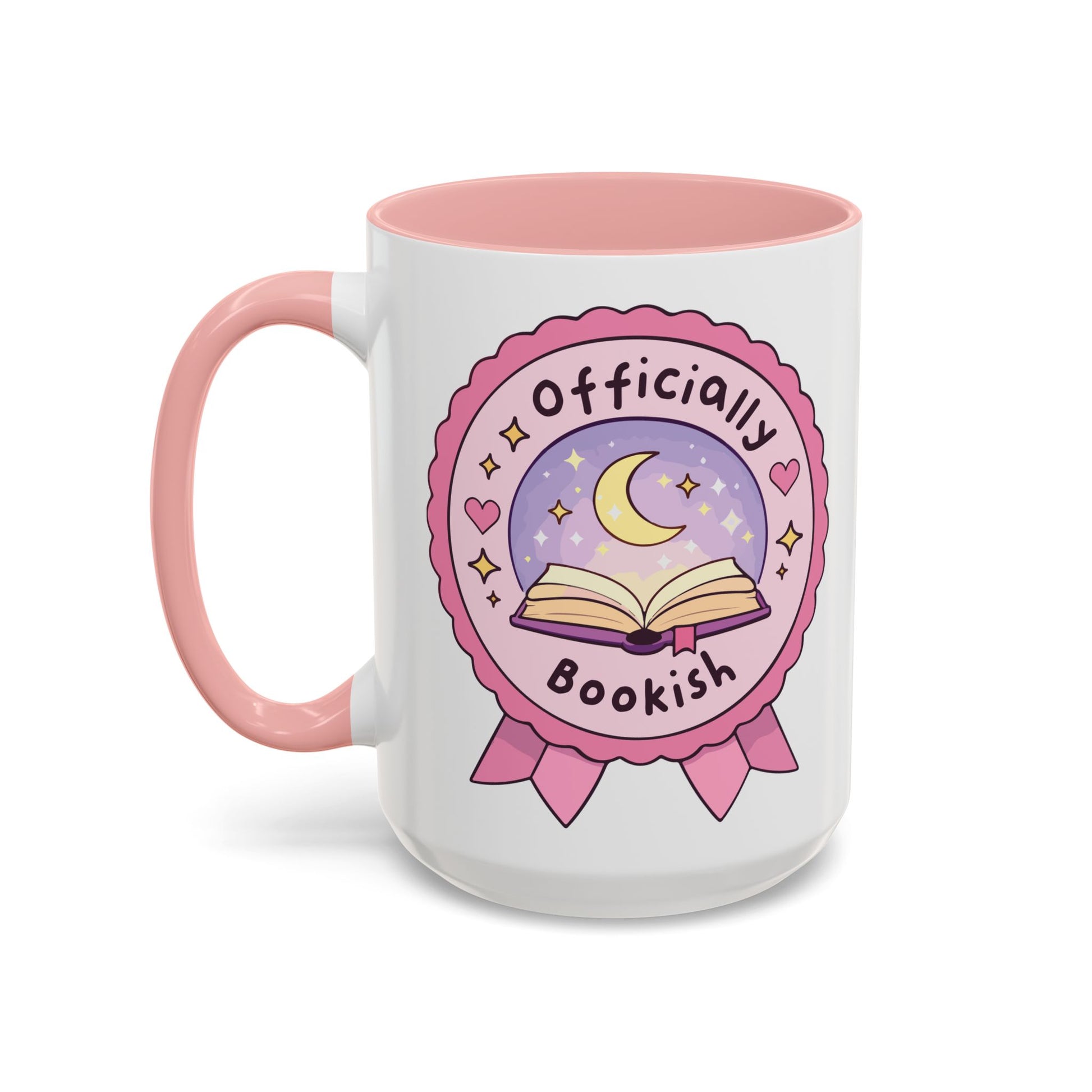 Officially Bookish Accent Coffee Mug by Spinsterly Co with pink interior, rosette badge and bookish graphic