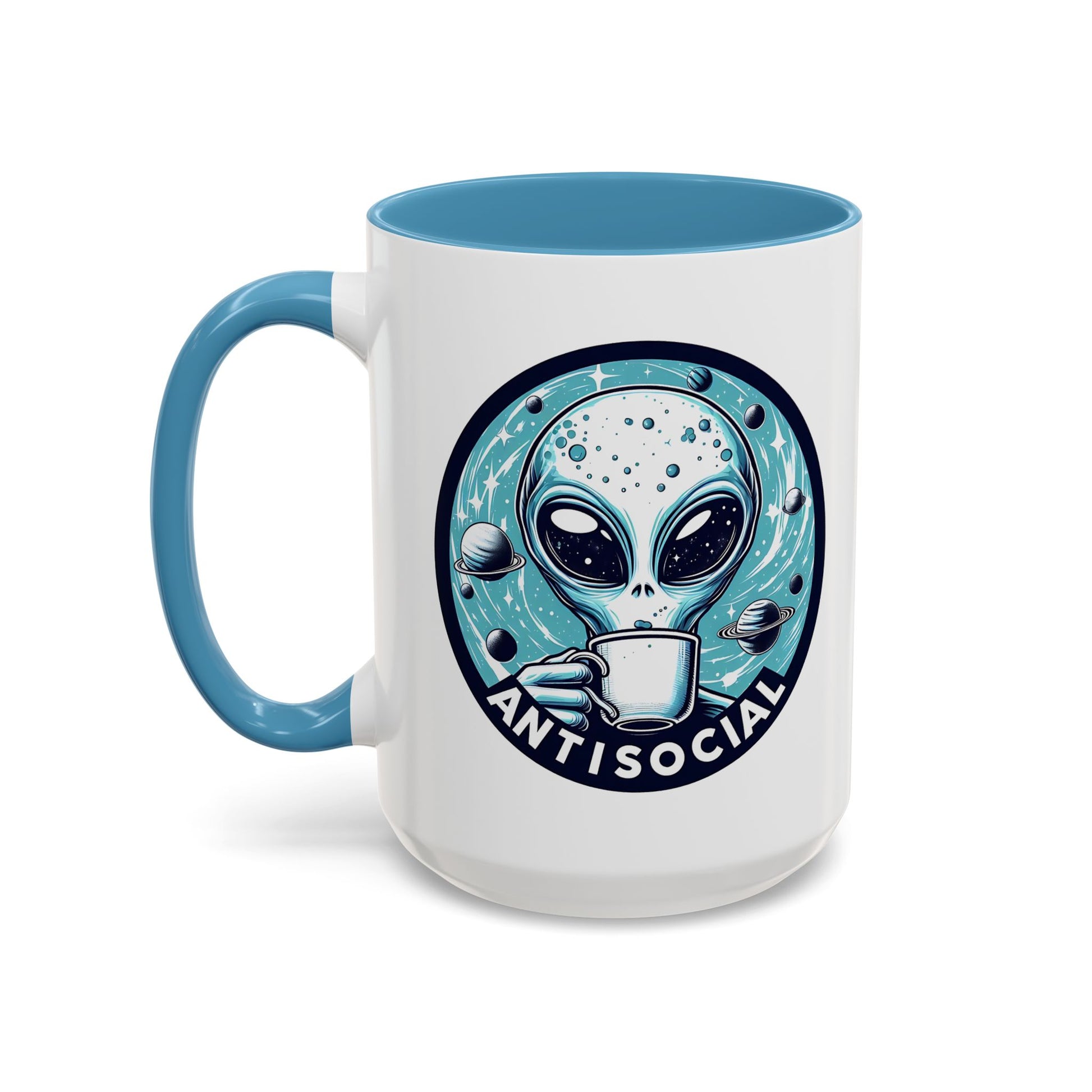 Antisocial Alien Coffee Retro Space Badge Accent Mug Spinsterly Co glossy ceramic Navy mug with printed astronaut graphic