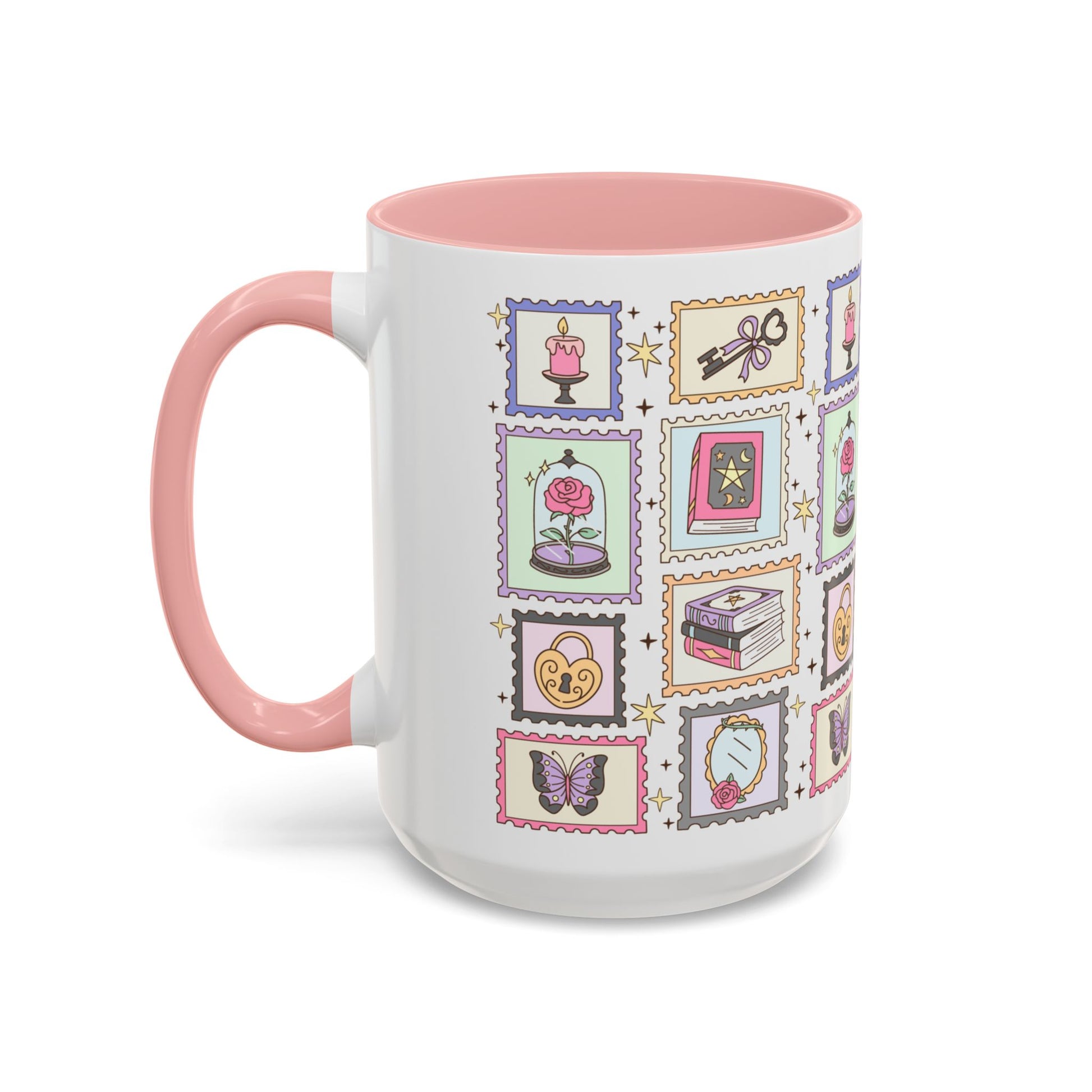 Whimsical Bookish Stamp Collection Coffee Mug Spinsterly Co pink ceramic with full-wrap stamp vignette grid design