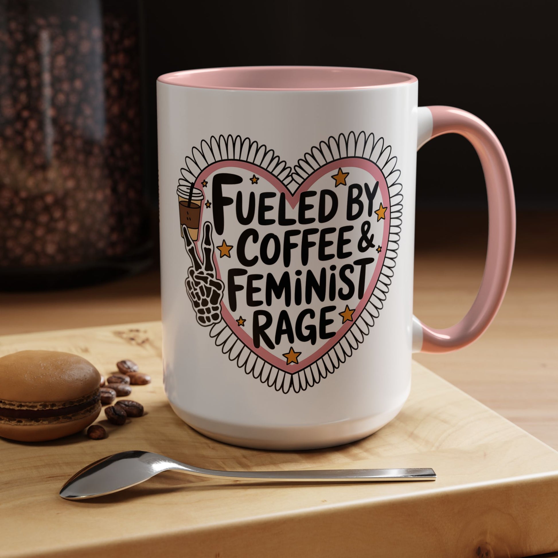 Fueled by Coffee Feminist Rage Accent Coffee Mug by Spinsterly Co in Pink with daisy-edged heart badge graphic