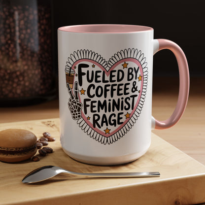 Fueled by Coffee Feminist Rage Accent Coffee Mug by Spinsterly Co in Pink with daisy-edged heart badge graphic