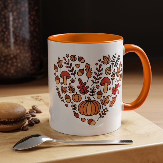 Fall Coffee Mug – Pumpkin & Mushroom Heart, Orange Accent