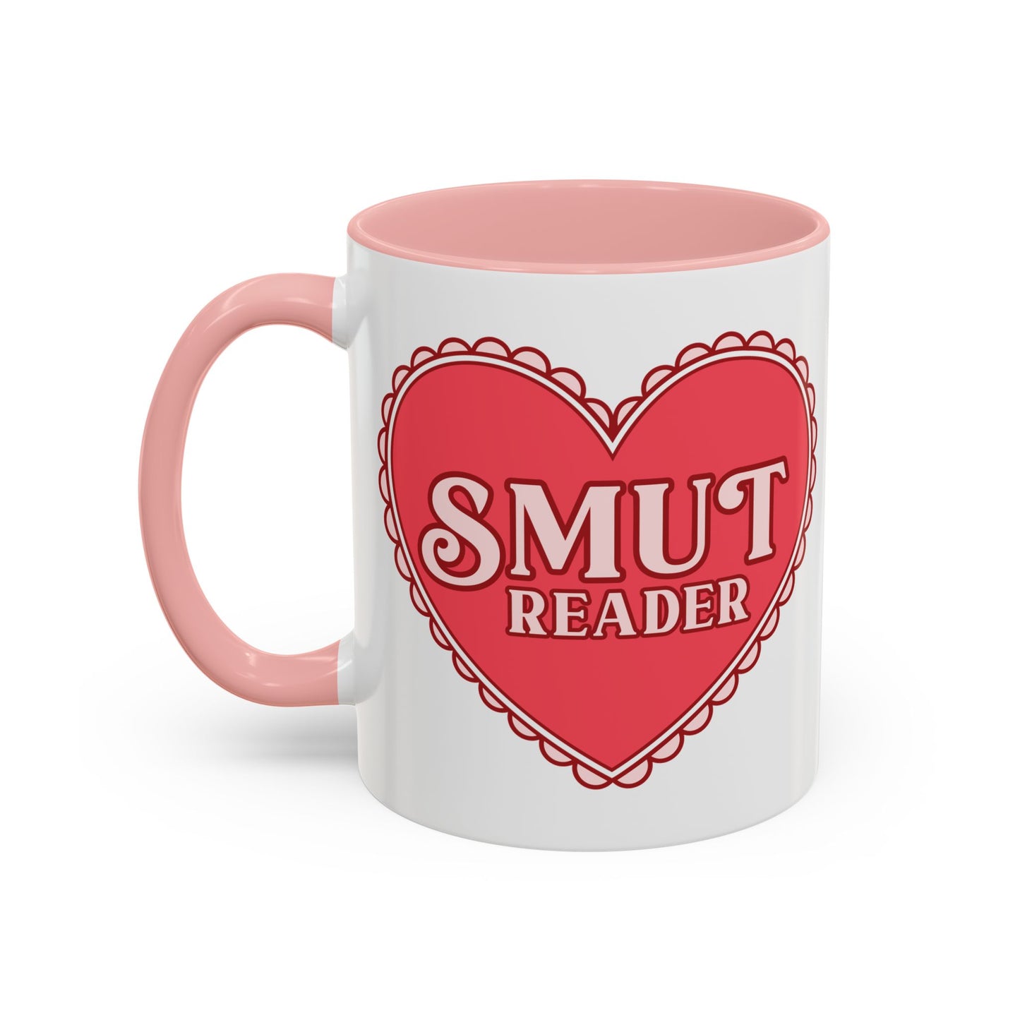 Smut Reader Bold Lace Heart Accent Coffee Mug Spinsterly Co pink glossy ceramic mug with scalloped lace heart graphic