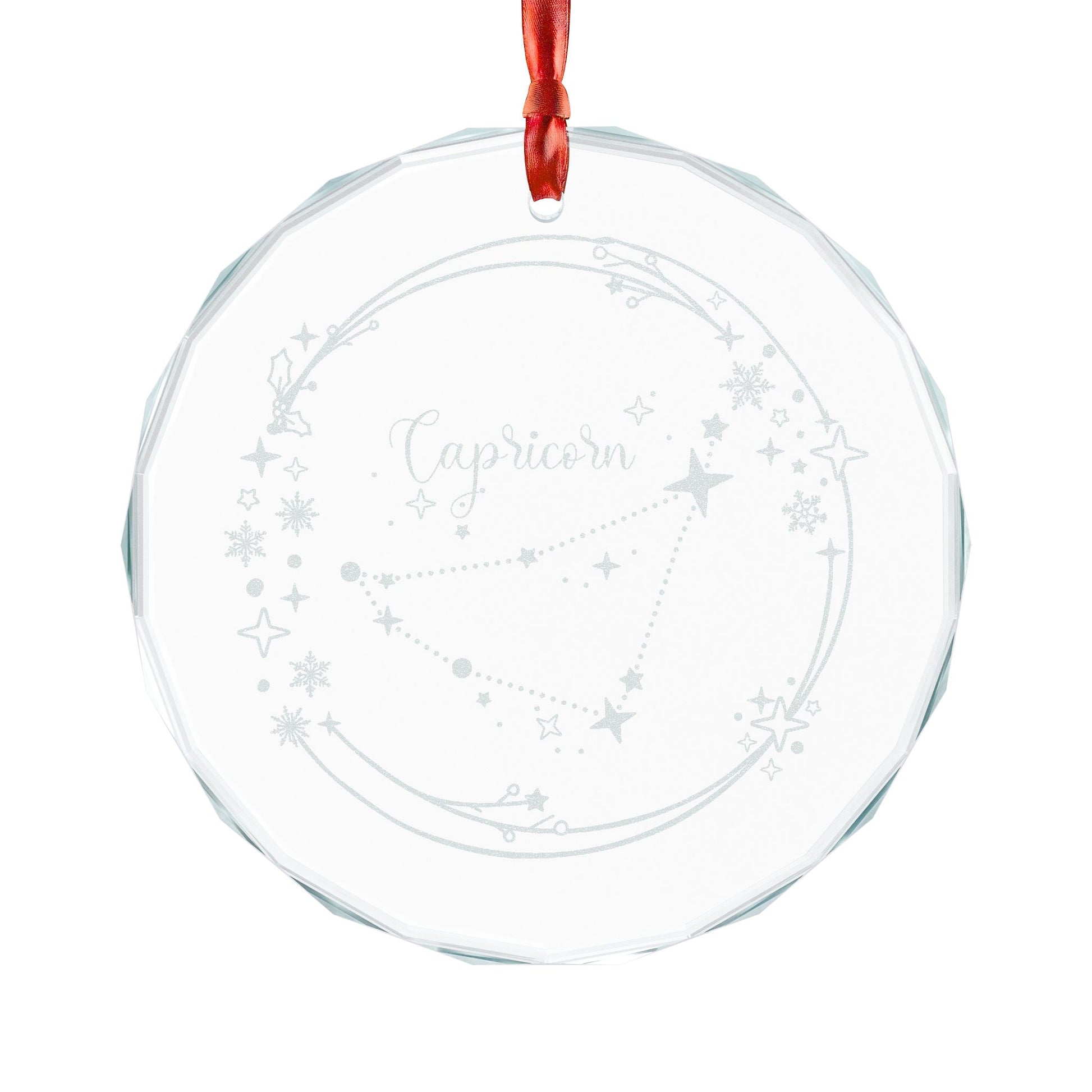 Capricorn Constellation Crystal Glass Ornament by Spinsterly Co, faceted crystal circle with engraved star map