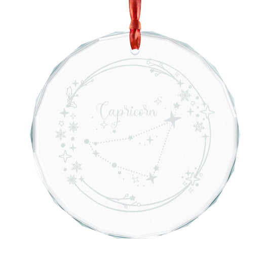 Capricorn Constellation Crystal Glass Ornament by Spinsterly Co, faceted crystal circle with engraved star map
