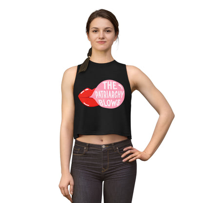 The Patriarchy Blows Crop Top by Spinsterly Co women's graphic crop top Solid Black Blend with tear-away label