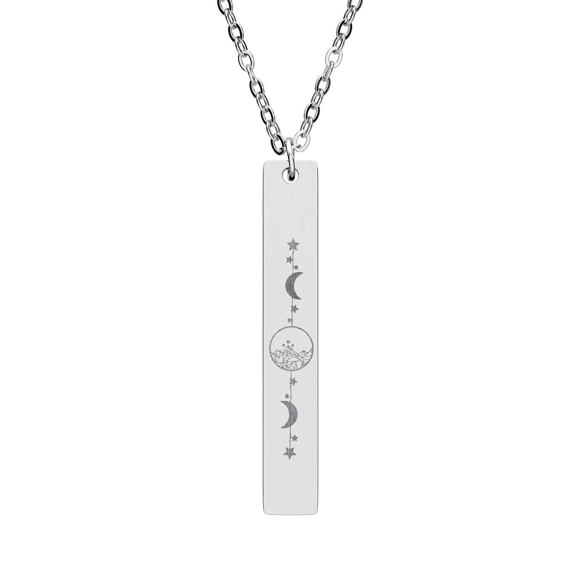 Starlight City Vertical Bar Necklace Spinsterly Co engraved vertical pendant in stainless steel with celestial design