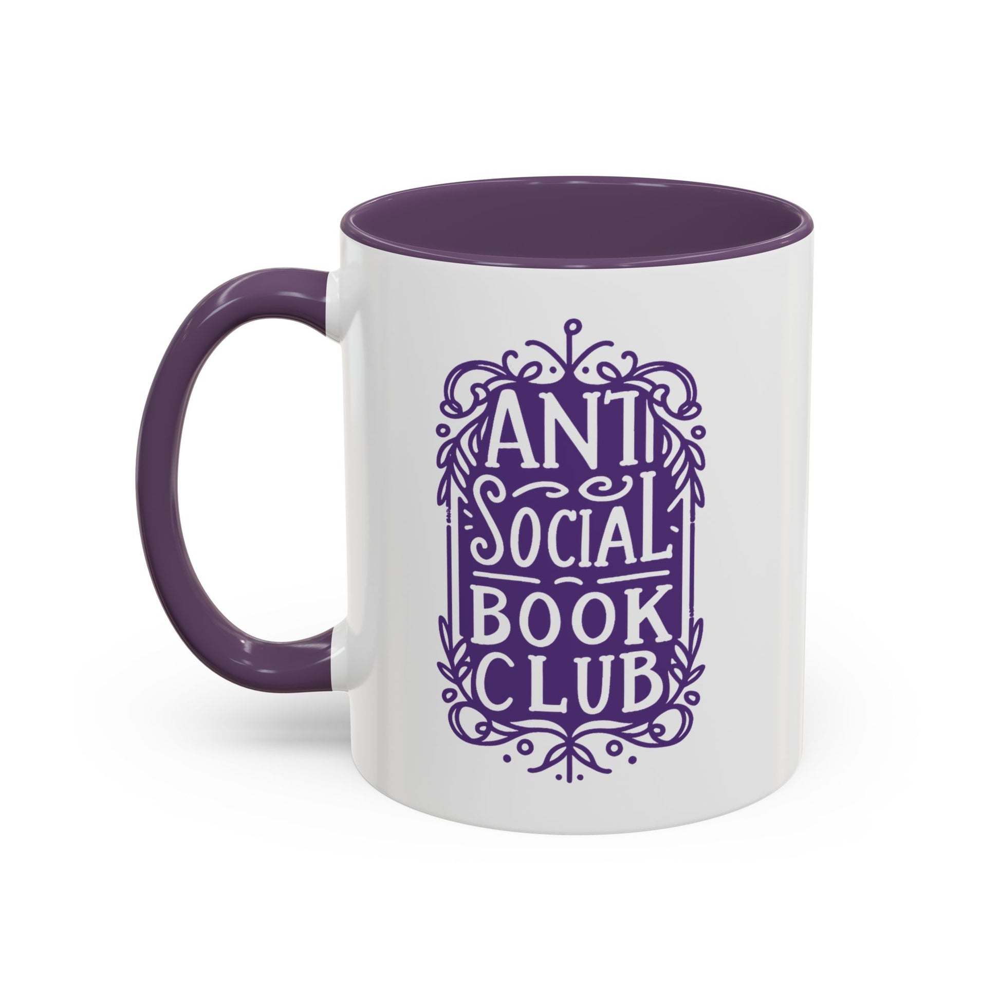 Anti Social Book Club Ornate Victorian Accent Coffee Mug by Spinsterly Co in purple glossy ceramic with botanical text
