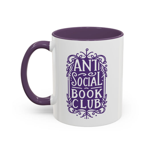 Anti Social Book Club Ornate Victorian Accent Coffee Mug by Spinsterly Co in purple glossy ceramic with botanical text