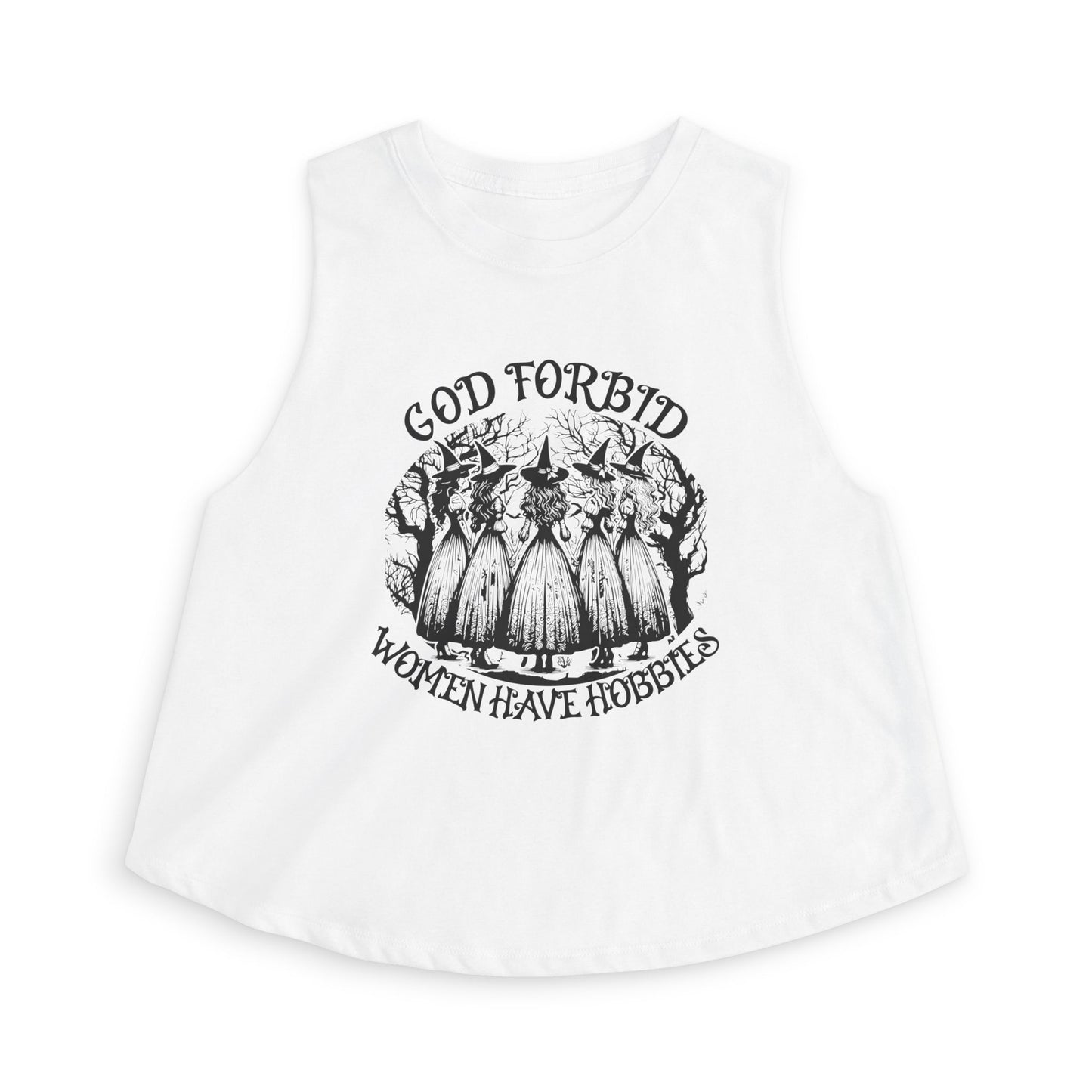 God Forbid Women Have Hobbies Crop Top by Spinsterly Co in Solid White Blend with graphic witch illustration