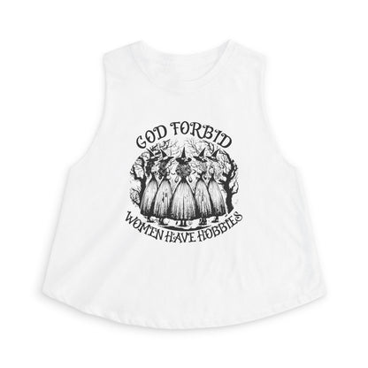 God Forbid Women Have Hobbies Crop Top by Spinsterly Co in Solid White Blend with graphic witch illustration