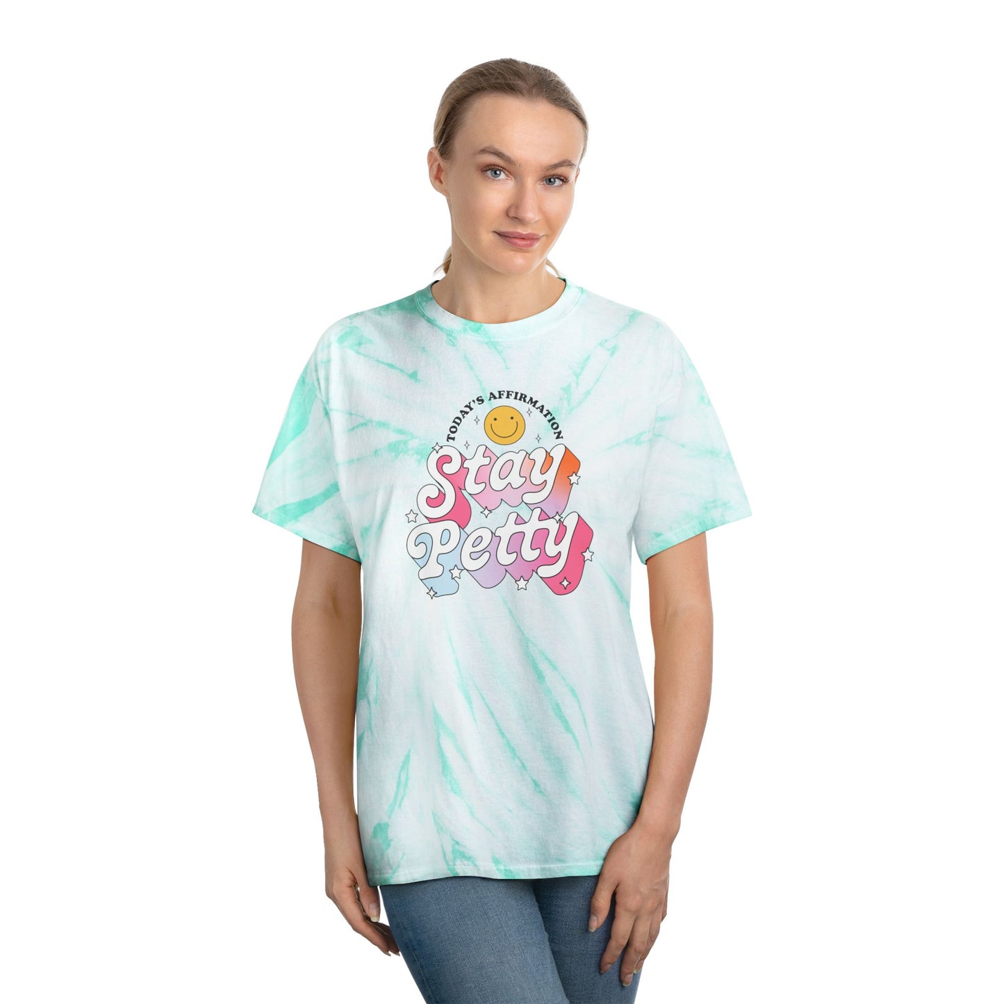 Stay Petty Tie-Dye Graphic Tee Spinsterly Co women graphic tie-dye tee in Turquoise with arched smiling sun print
