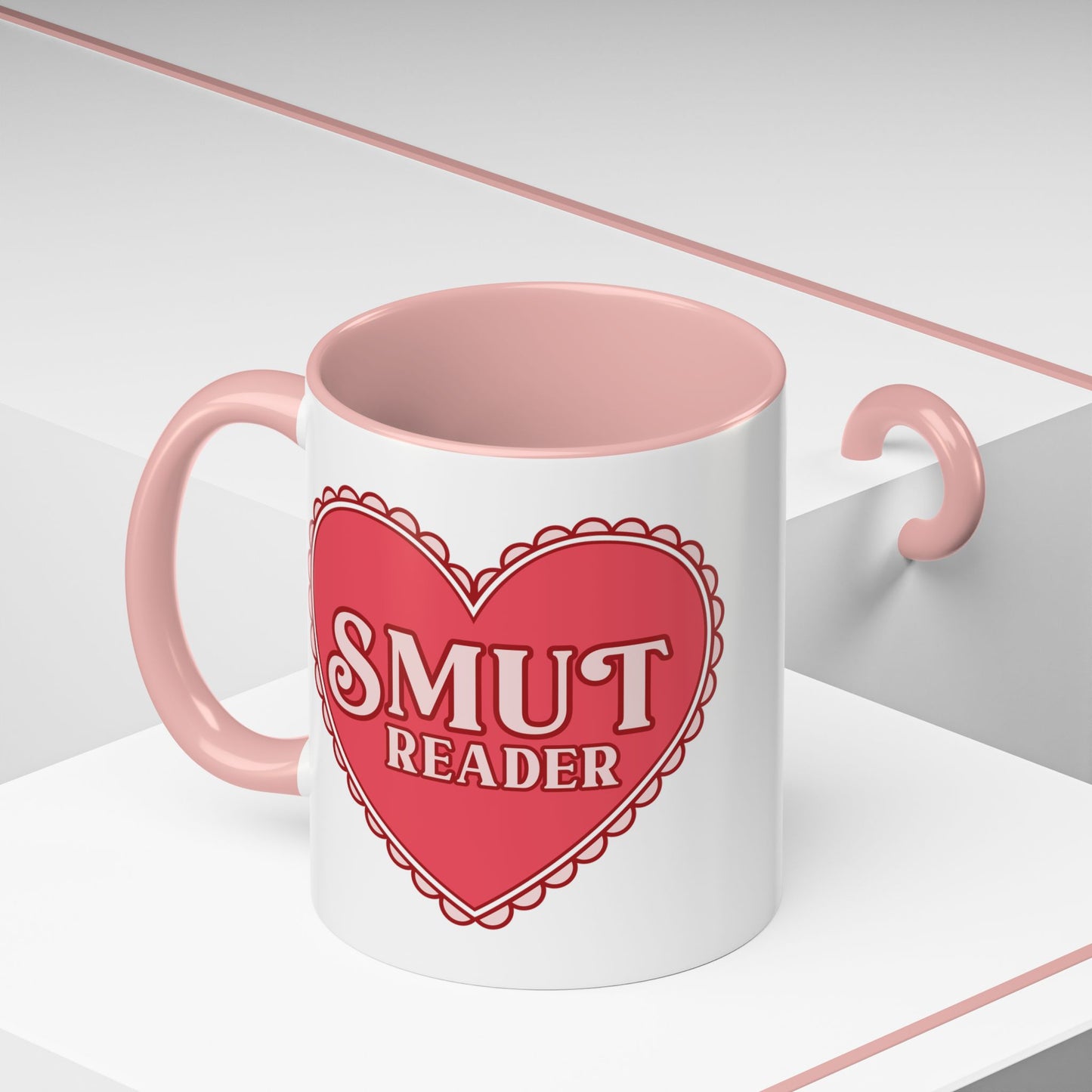 Smut Reader Bold Lace Heart Accent Coffee Mug Spinsterly Co pink glossy ceramic mug with scalloped lace heart graphic