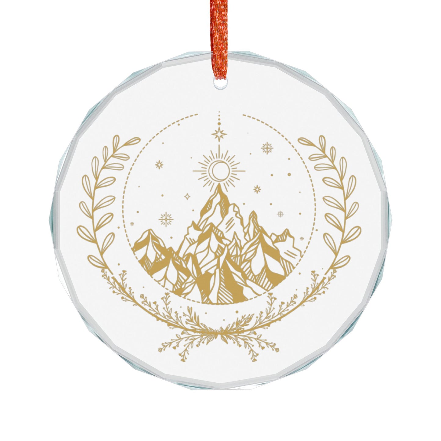 Fae Mountain Crystal Glass Ornament by Spinsterly Co, gold celestial nature design on round faceted glass