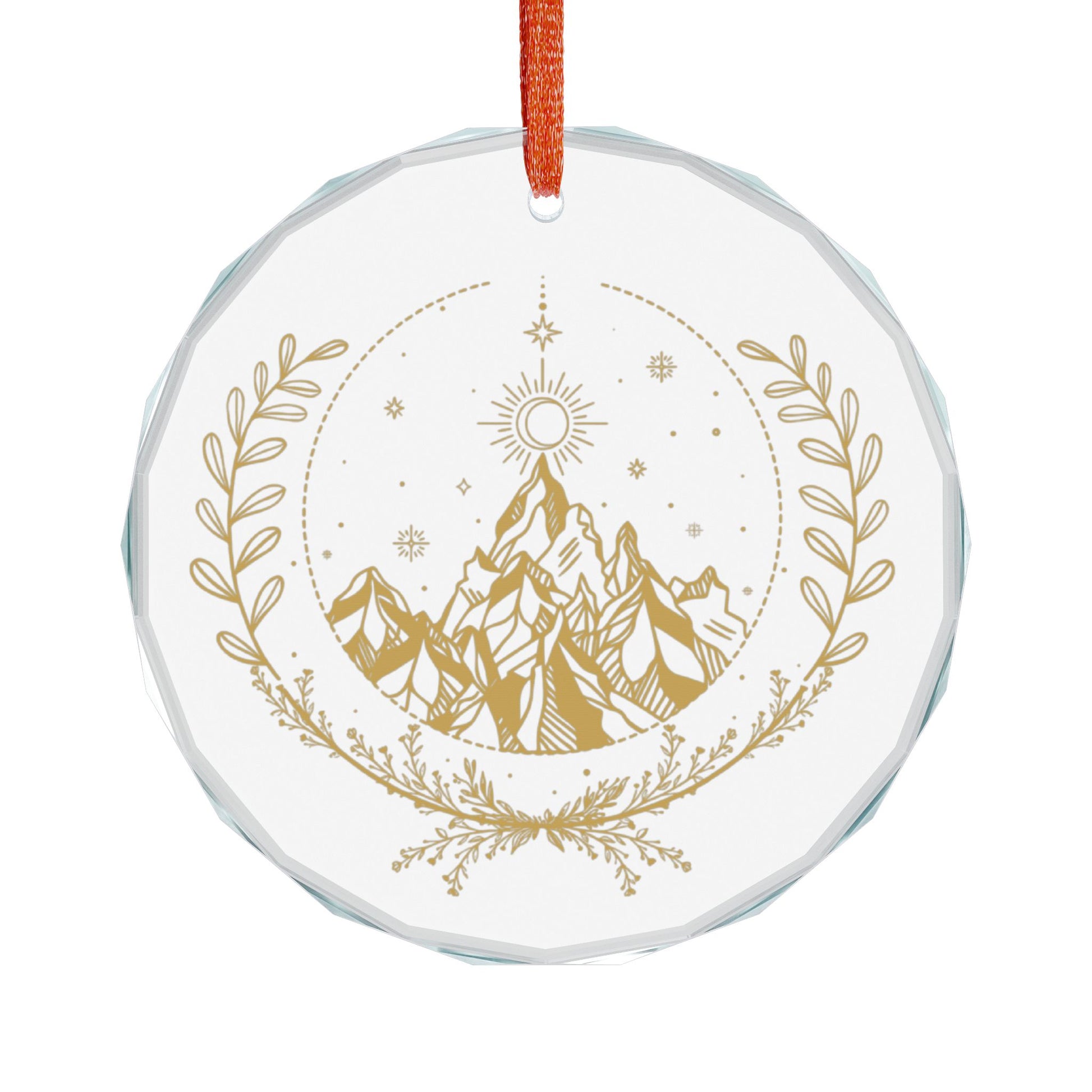 Fae Mountain Crystal Glass Ornament by Spinsterly Co, gold celestial nature design on round faceted glass