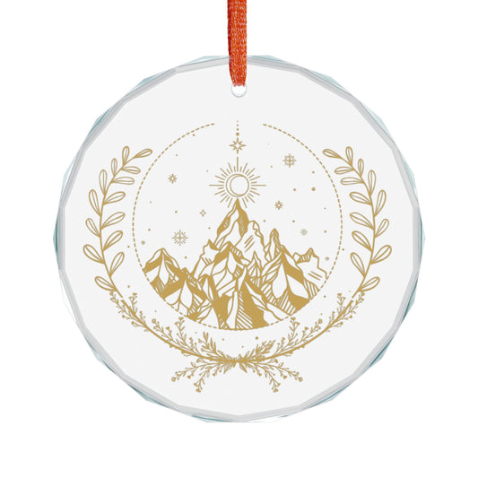 Fae Mountain Crystal Glass Ornament by Spinsterly Co, gold celestial nature design on round faceted glass