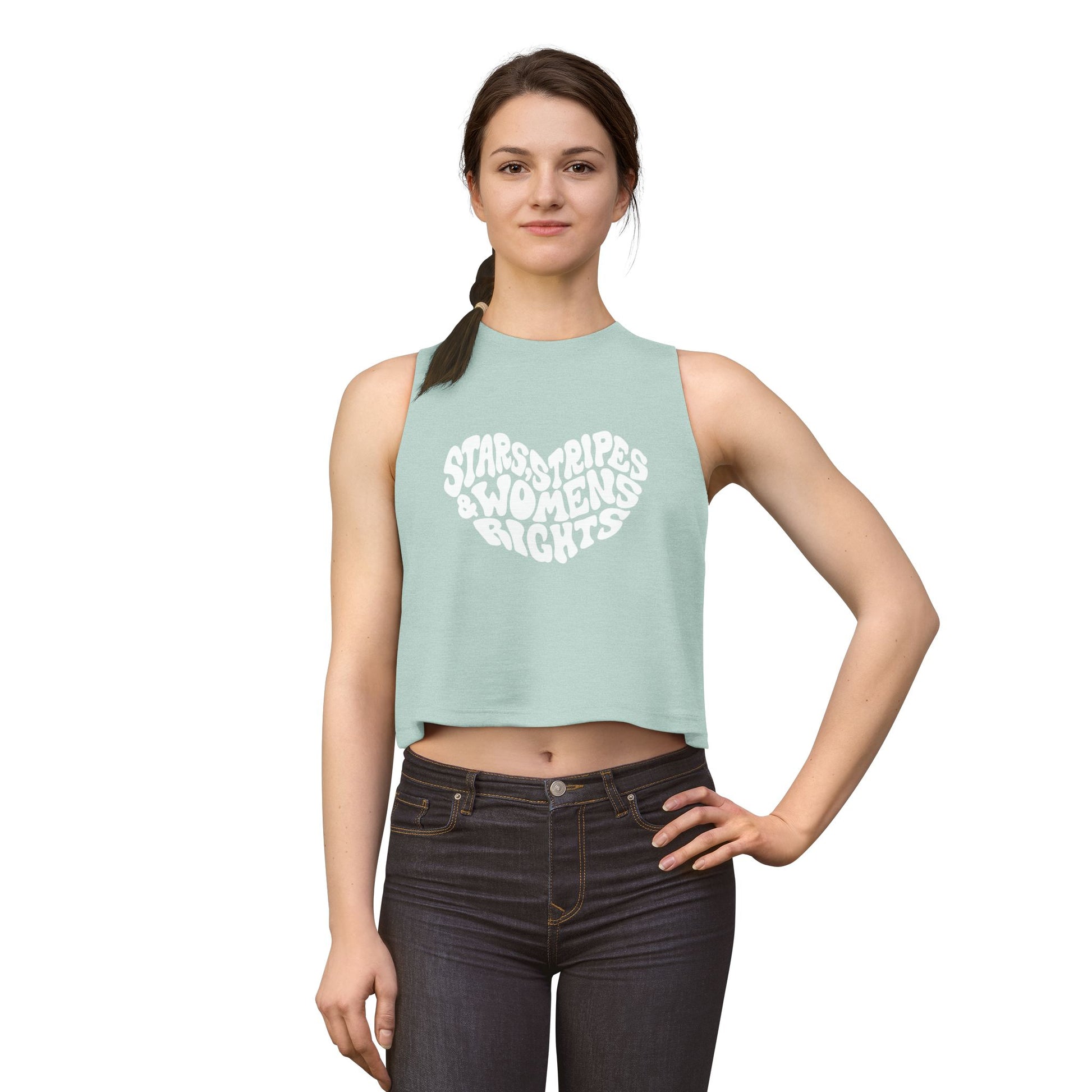 Stars, Stripes and Women's Rights Crop Top by Spinsterly Co in Heather Deep Teal with activist graphic tee