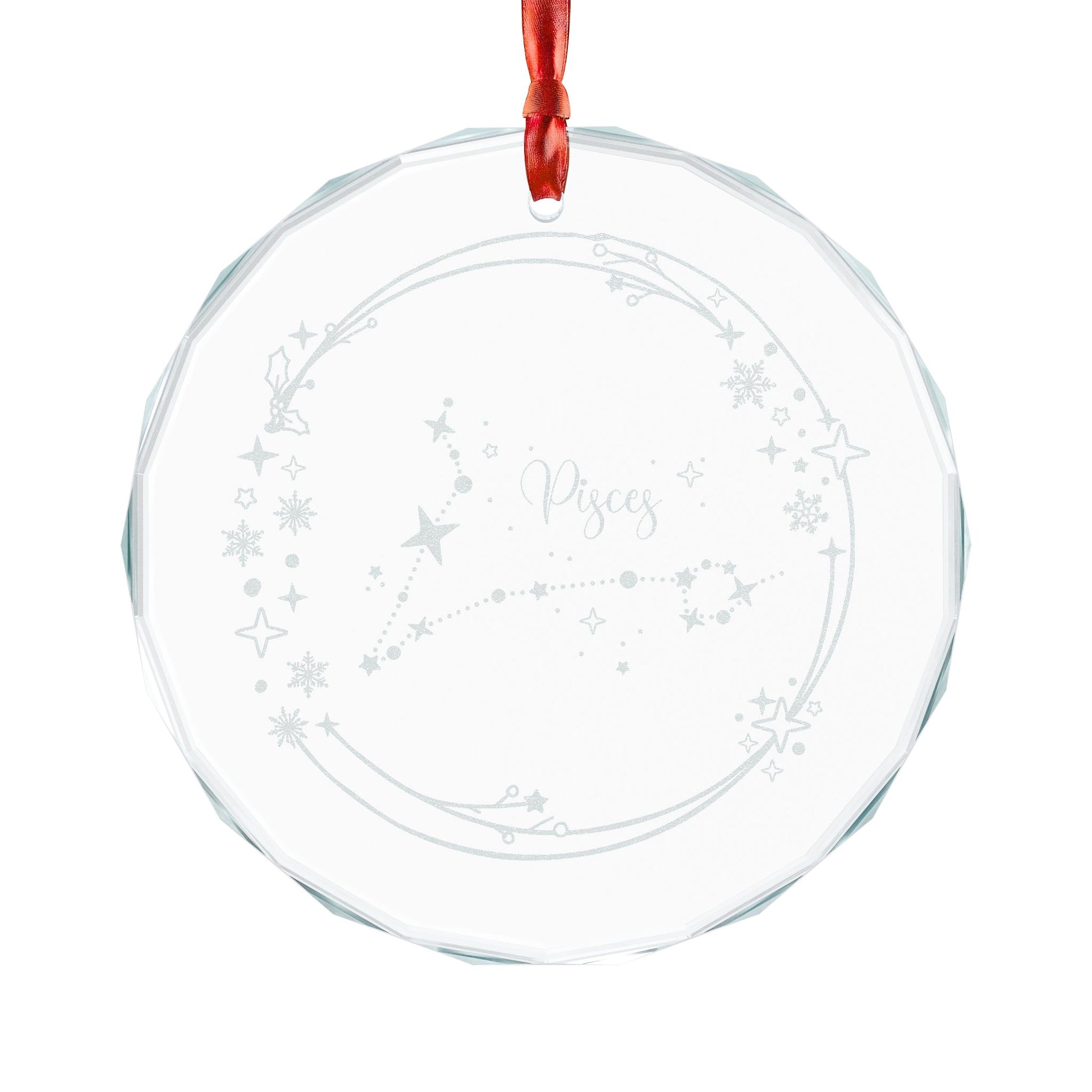 Pisces Constellation Crystal Glass Ornament Spinsterly Co engraved zodiac star map gift, faceted edge and ribbon loop
