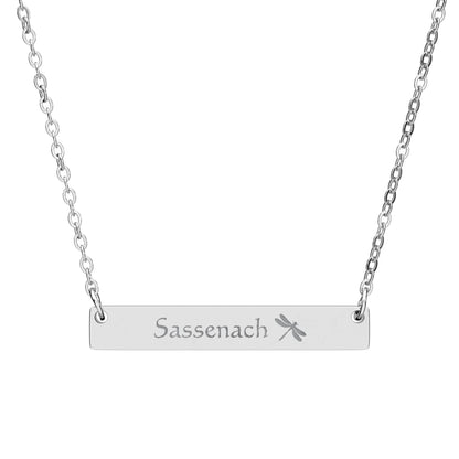 Sassenach Dragonfly Engraved Horizontal Bar Necklace Spinsterly Co stainless steel with engraved Sassenach dragonfly
