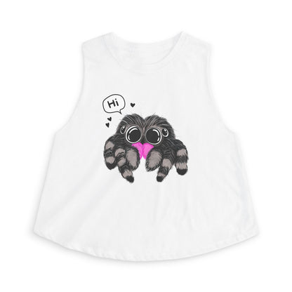 Cute Spider Crop Top Jumping Spider Hi graphic women's cropped tank by Spinsterly Co in solid white blend