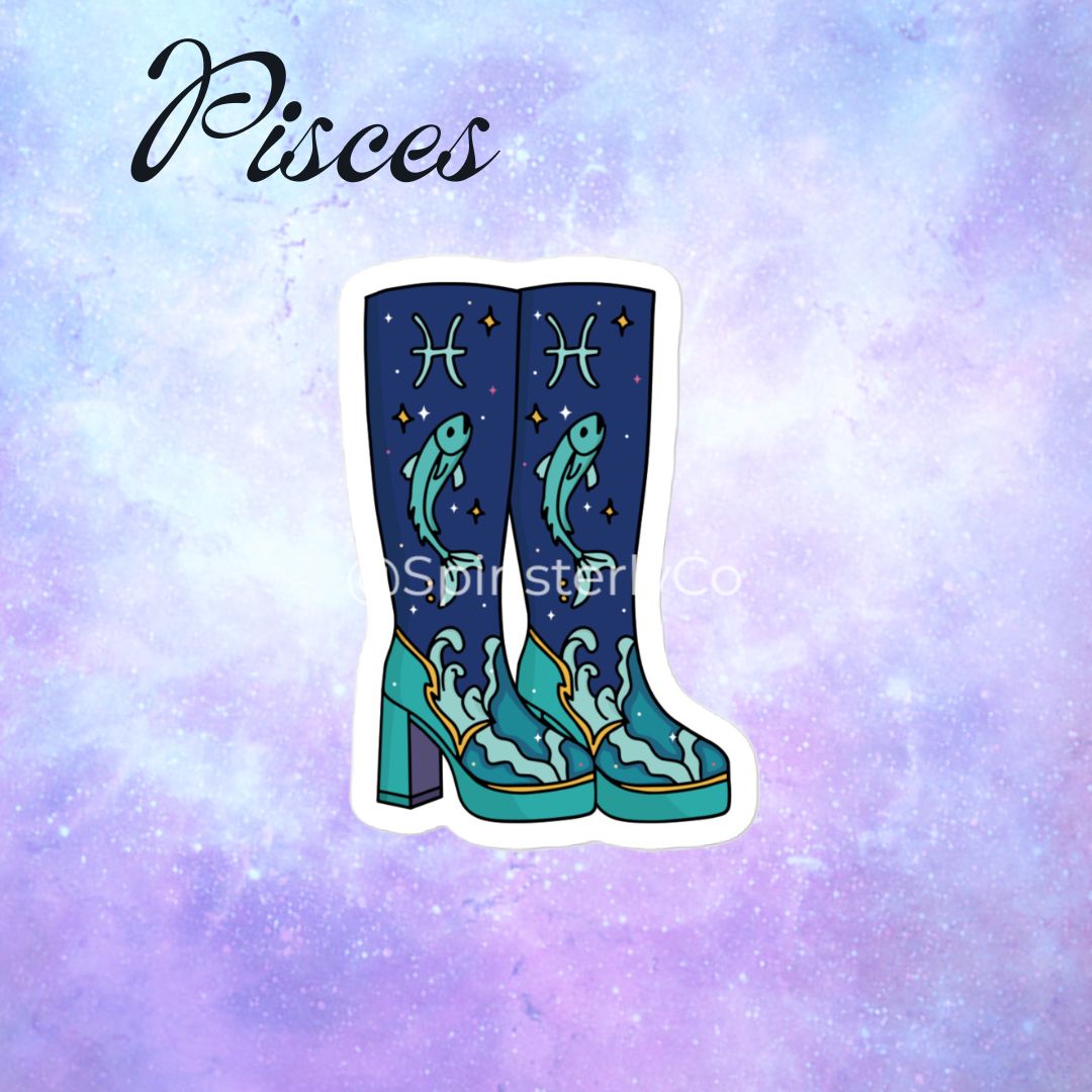 A die-cut sticker featuring a pair of dark blue high-heeled boots decorated with teal Pisces zodiac fish and gold stars, shown against a pastel purple and blue galaxy background with the word 'Pisces' written in black script.