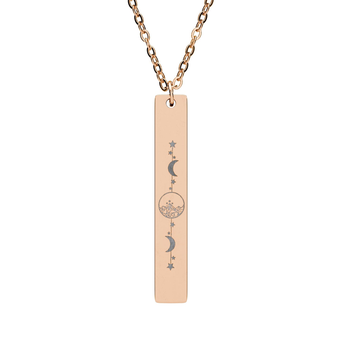 Starlight City Vertical Bar Necklace Spinsterly Co engraved bar pendant in 18K Gold PVD with celestial stars