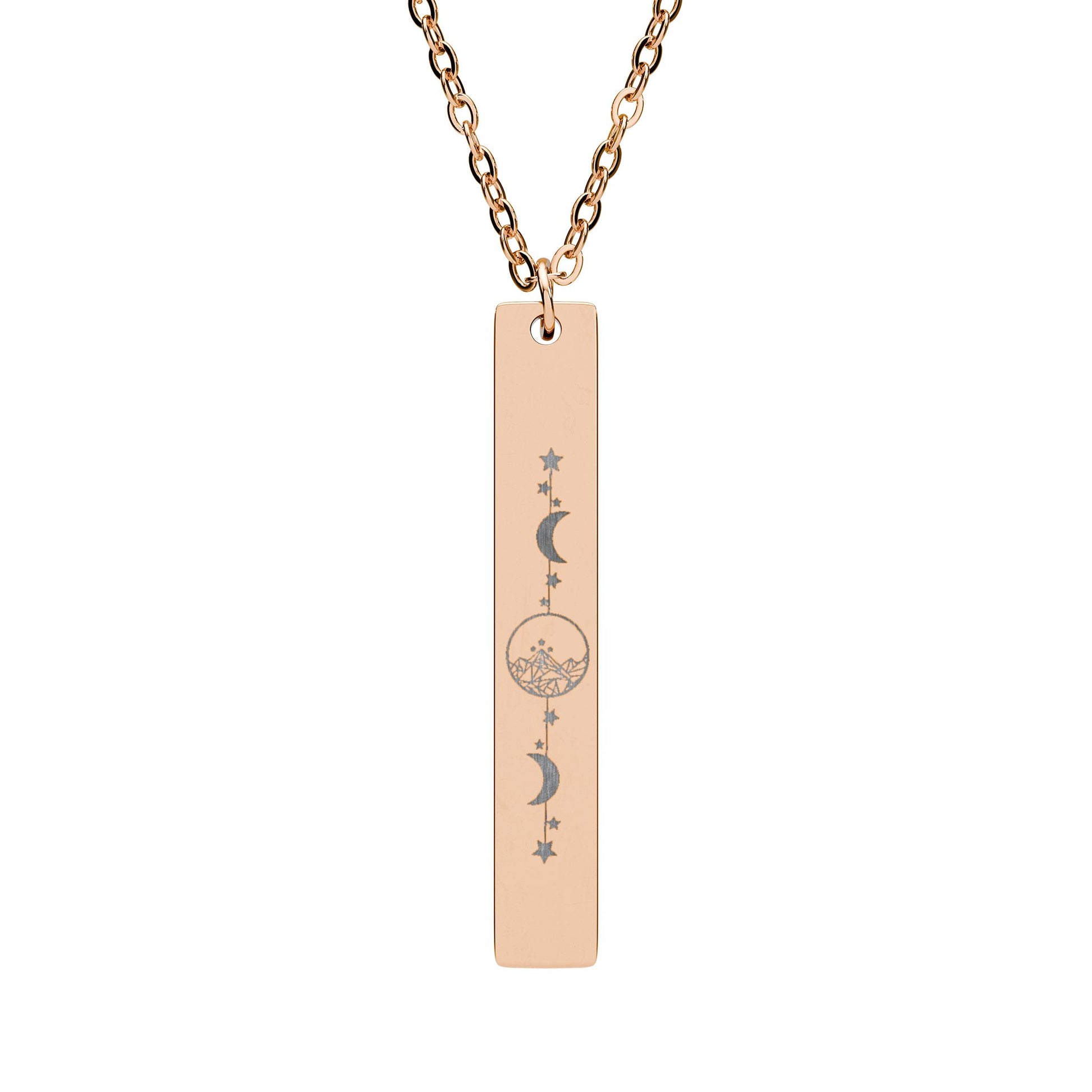 Starlight City Vertical Bar Necklace Spinsterly Co engraved bar pendant in 18K Gold PVD with celestial stars