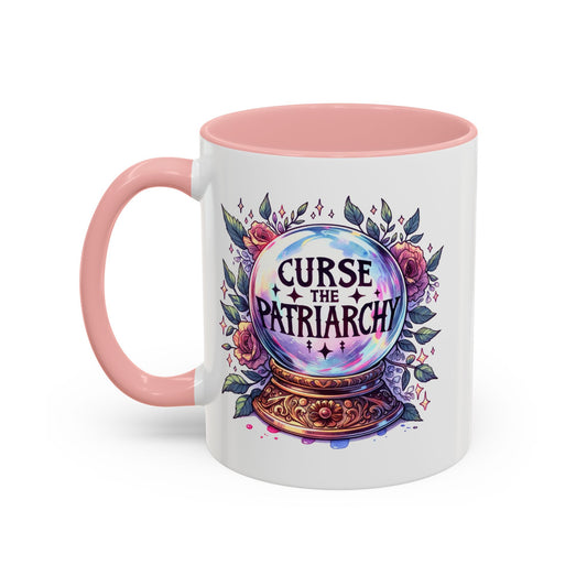 Curse the Patriarchy Floral Crystal Ball Accent Coffee Mug by Spinsterly Co, Pink ceramic with glossy stand