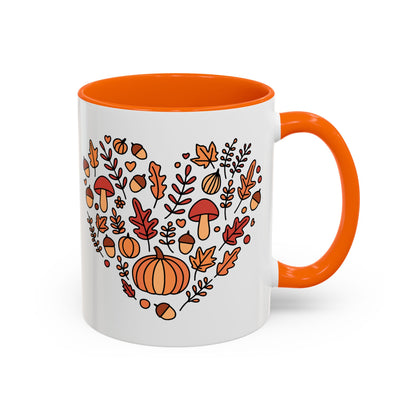 Fall Coffee Mug – Pumpkin & Mushroom Heart, Orange Accent