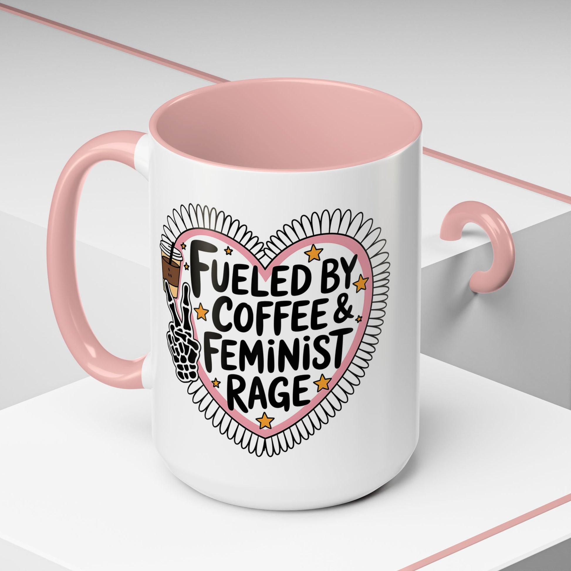 Fueled by Coffee Feminist Rage Accent Coffee Mug by Spinsterly Co in Pink glossy ceramic with daisy heart badge