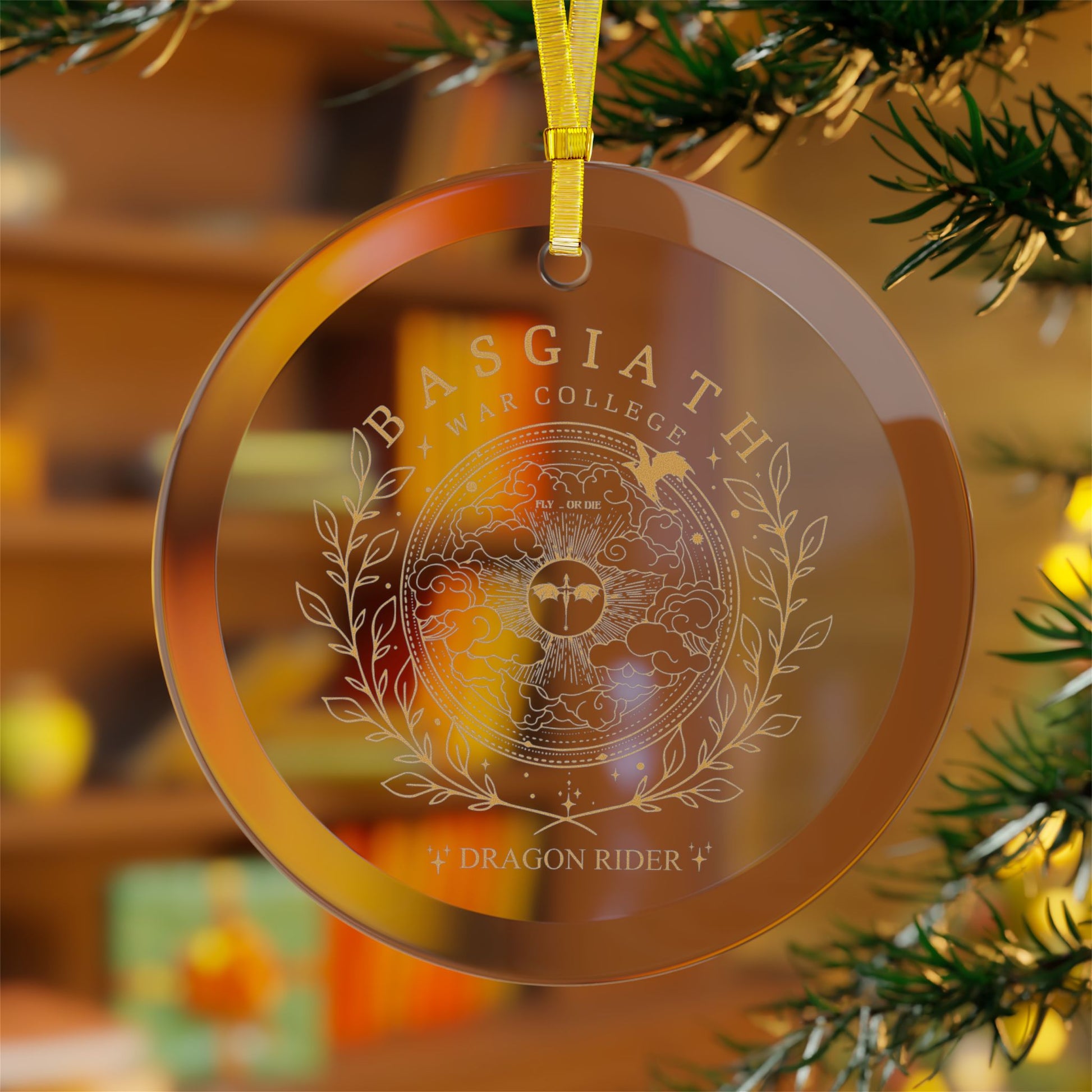 Dragon Rider Crest Glass Ornament by Spinsterly Co round amber glass with one-sided printed crest
