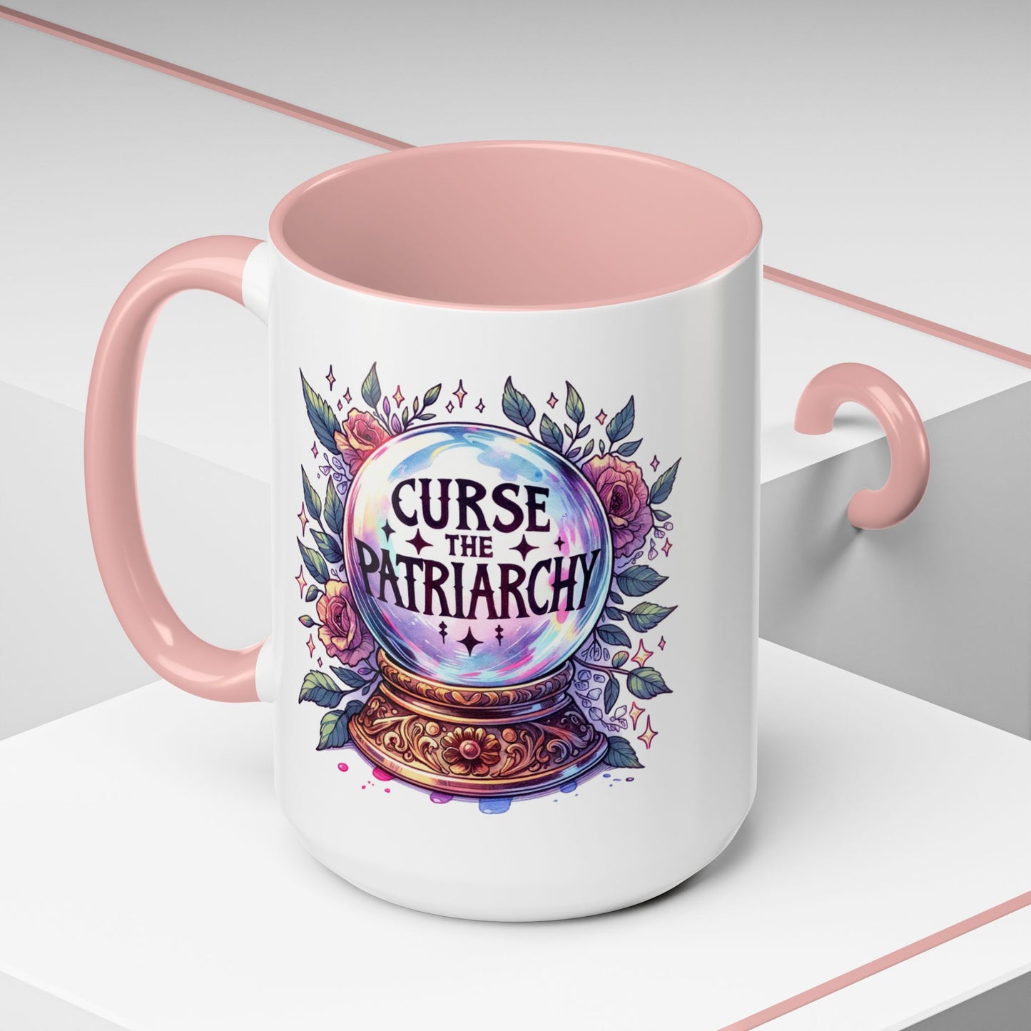 Curse the Patriarchy Floral Crystal Ball Accent Coffee Mug by Spinsterly Co, Pink interior, glossy ceramic finish