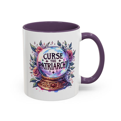 Curse the Patriarchy Floral Crystal Ball Accent Coffee Mug by Spinsterly Co, Purple glossy ceramic finish