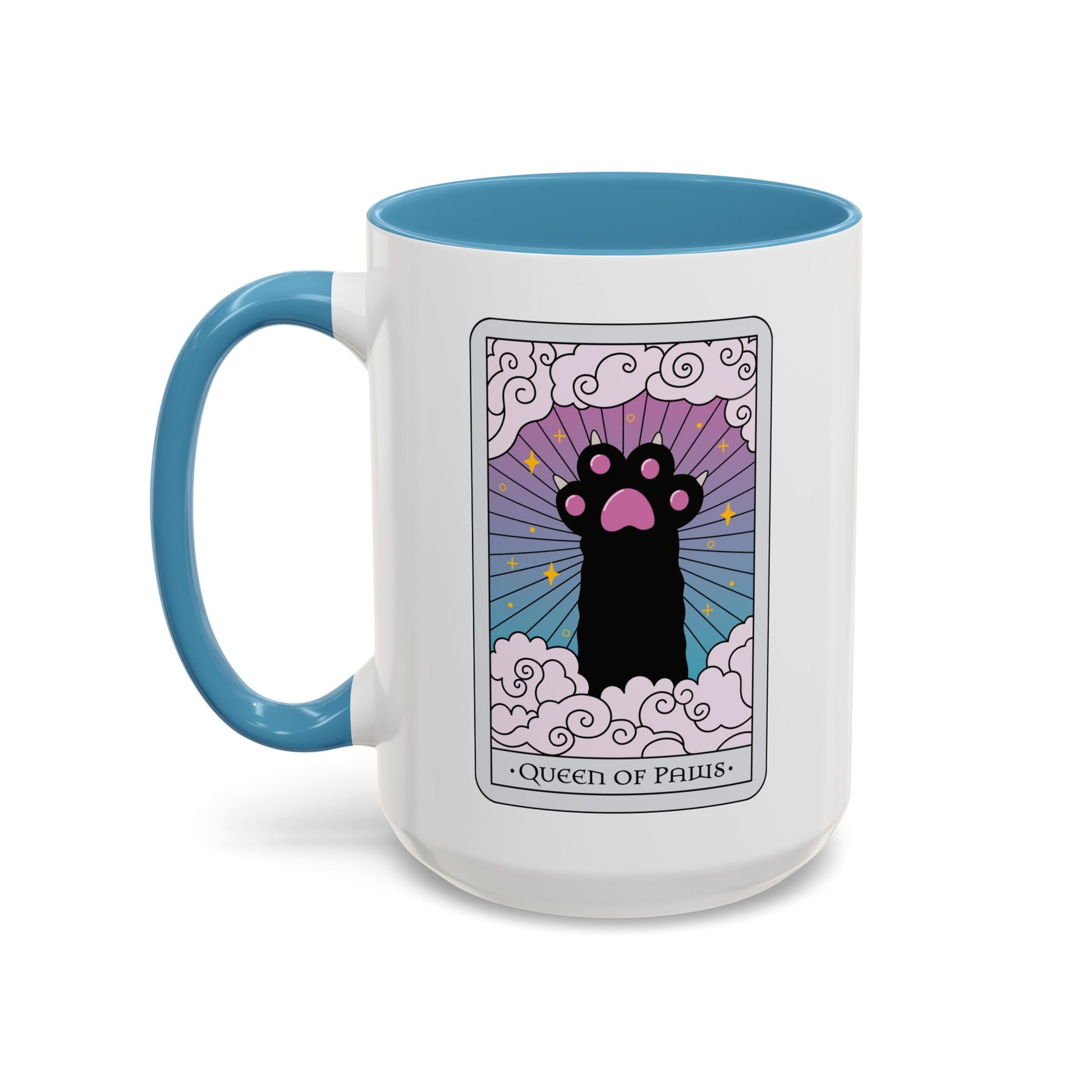Queen of Paws Accent Coffee Mug by Spinsterly Co, Light Blue ceramic with tarot cat ornate border