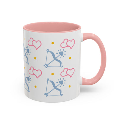 Sagittarius Bow and Arrow Heart Pattern Accent Coffee Mug Pink Zodiac Gift by Spinsterly Co, glossy ceramic