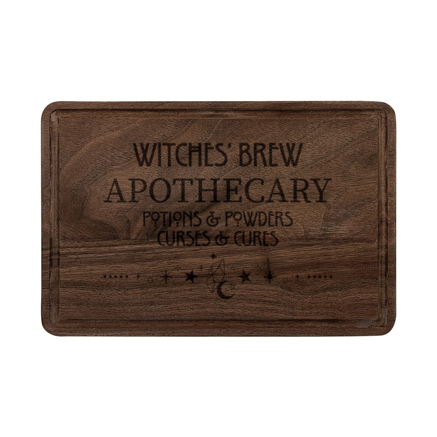Witches' Brew Apothecary Engraved Wooden Cutting Board Spinsterly Co walnut with engraved serif lettering and drip ring