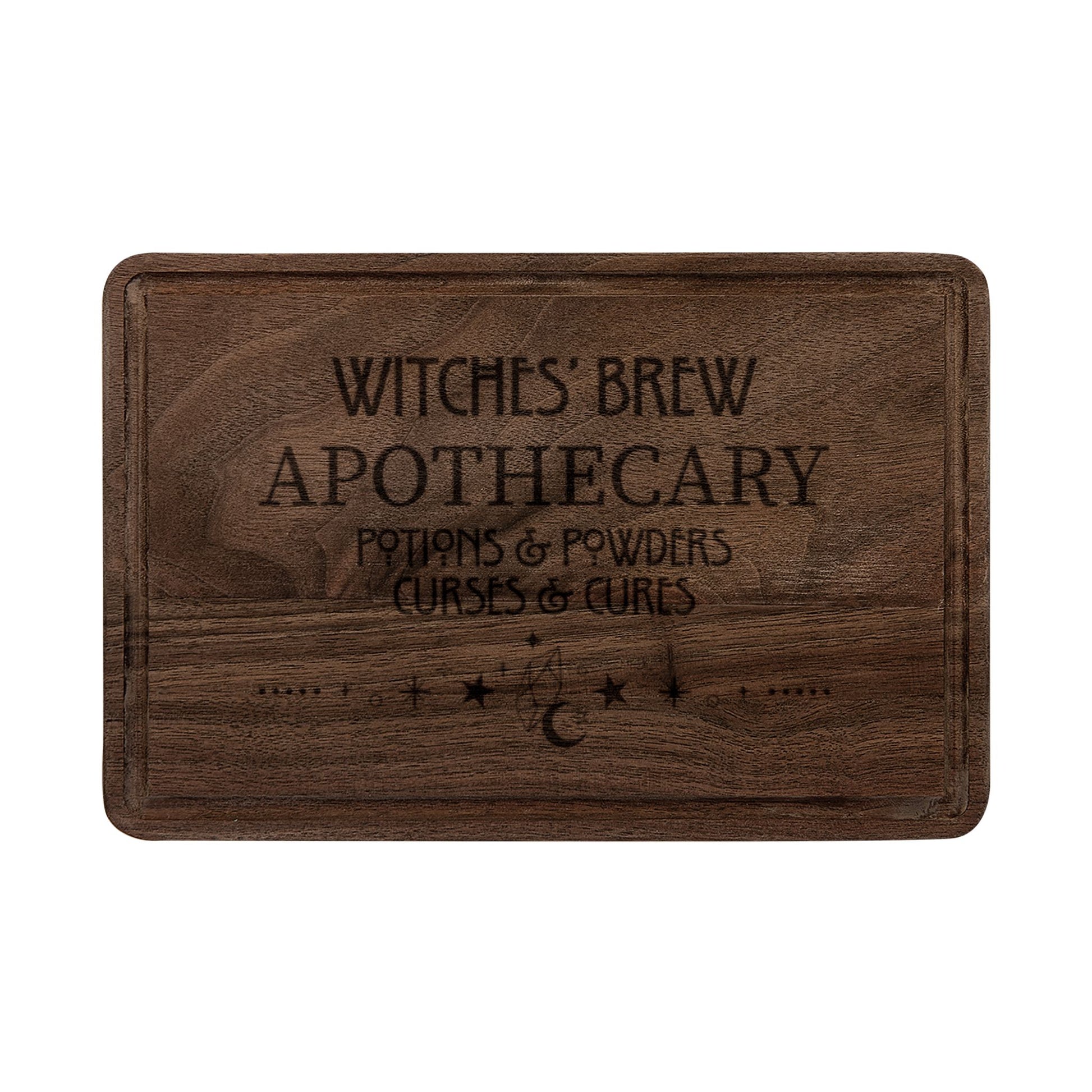 Witches' Brew Apothecary Engraved Wooden Cutting Board Spinsterly Co walnut with engraved serif lettering and drip ring