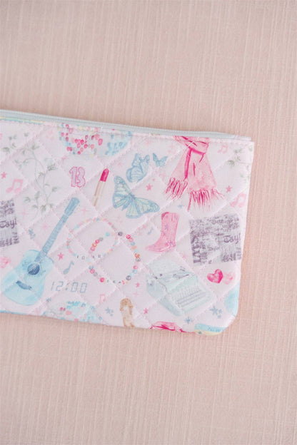 Eras Quilted Wristlet Chic Fan Art Clutch Bag by Gracefully Made, pink and blue quilted exterior with wrist strap