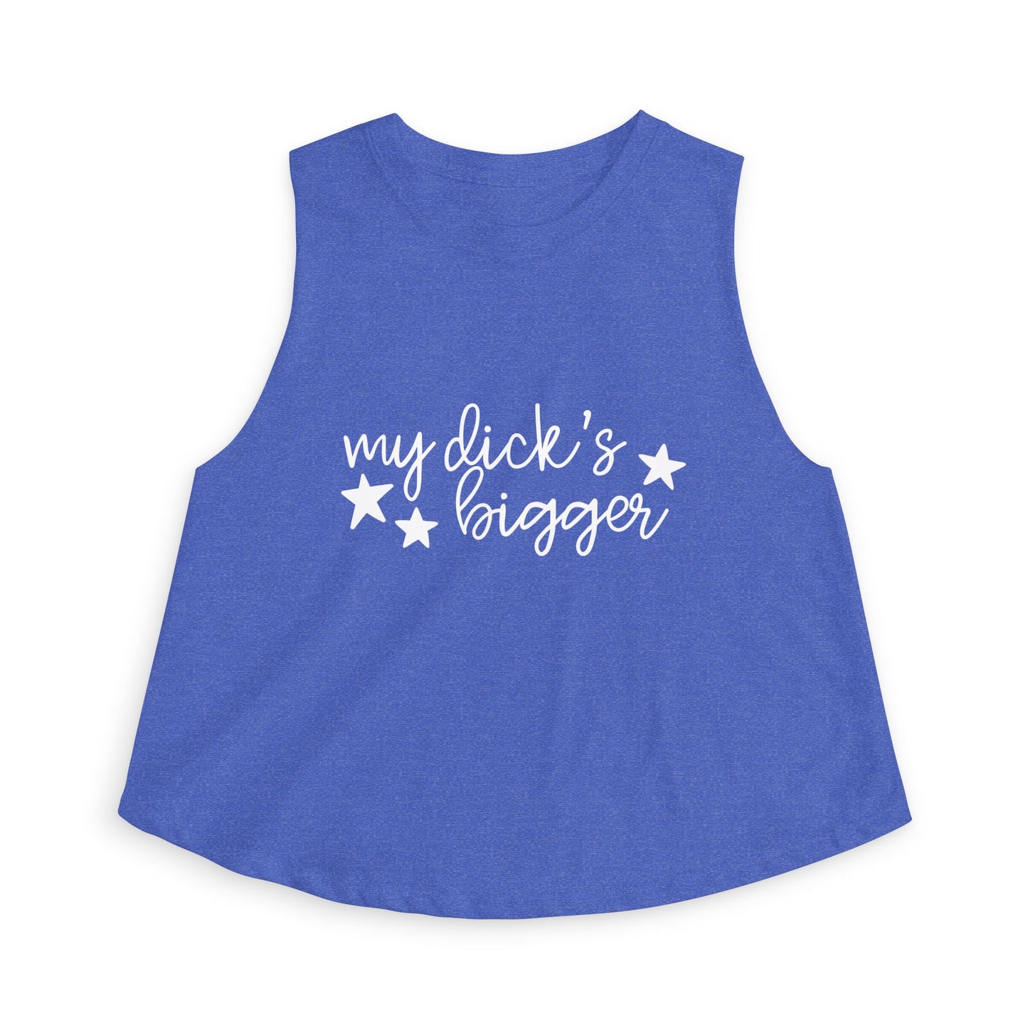 My Dck's Bigger Crop Top Funny Feminist Women's Cropped Tank by Spinsterly Co in royal blue with cursive star graphic